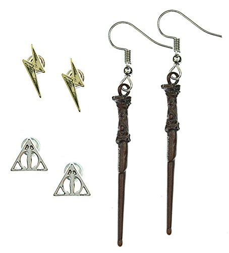 Product Cover Harry Potter Earrings For Women 3 Pack Deathly Hallows, Lightning Scar, Harry Potter Wand