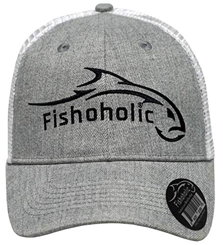 Product Cover Fishoholic Snapback Grey White Baseball Fishing Hat Black Logo on Front and Bend Your Rod on Back. Fishaholic Registered Trademark. Fly Fish for Bass Trout in Fresh or Saltwater. (snap-Grey)