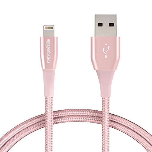 Product Cover AmazonBasics Double Nylon Braided USB A Cable with Lightning Connector, Premium Collection, MFi Certified iPhone Charger, 3 Foot, 2 Pack, Rose Gold