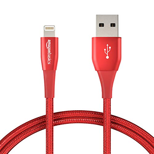 Product Cover AmazonBasics Double Nylon Braided USB A Cable with Lightning Connector, Premium Collection, MFi Certified iPhone Charger, 3 Foot, 2 Pack, Red