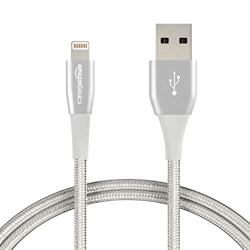 Product Cover AmazonBasics Double Nylon Braided USB A Cable with Lightning Connector, Premium Collection, MFi Certified iPhone Charger, 3 Foot, Silver