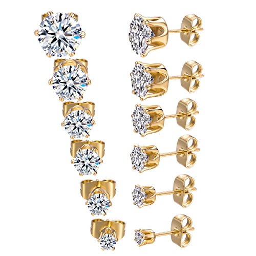 Product Cover GEMSME 18K Yellow Gold Plated Round Cubic Zirconia Stud Earrings Pack of 6