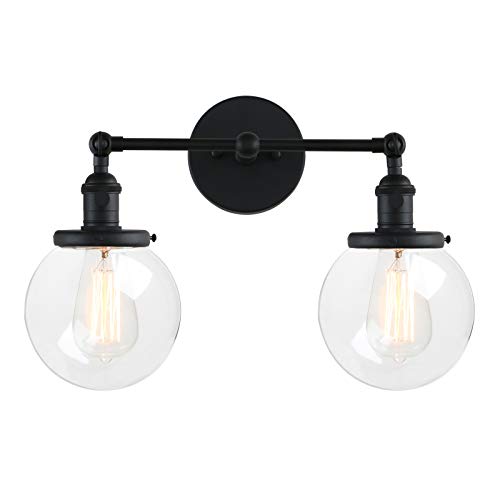Product Cover Pathson Vintage 2 Light Wall Sconce with Globe Clear Glass Shade, Black Industrial Vanity Light Fixtures for Bathroom