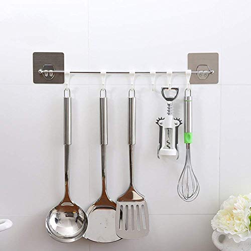 Product Cover Kurtzy Stainless Steel Utensil Hanger Rail Nail Free Wall Mount With 2 Magic Stickers & 6 Plastic Hooks For Kitchen
