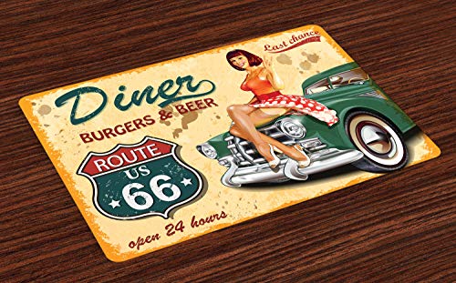 Product Cover Lunarable Route 66 Place Mats Set of 4, Diner Burgers Beer Cafe Sign with a Waitress on a Car Freeway Retro Illustration, Washable Fabric Placemats for Dining Table, Standard Size, Green Mustard