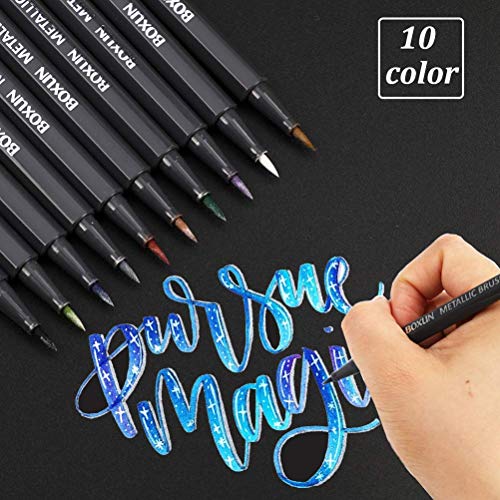 Product Cover Metallic Brush Marker Pens - Set of 10 Colors, Art Marker for Black Paper, Brush Lettering, Scrapbook, Card Making, DIY Photo Album (Brush Tip)
