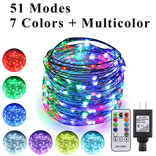 Product Cover ErChen 51 Modes 7 Colors + Multicolor LED String Lights, 49FT 150 RGB LEDs Plug in Color Changing Silver Copper Wire Fairy Lights with Remote Timer UL Adapter for Christmas Party Bedroom