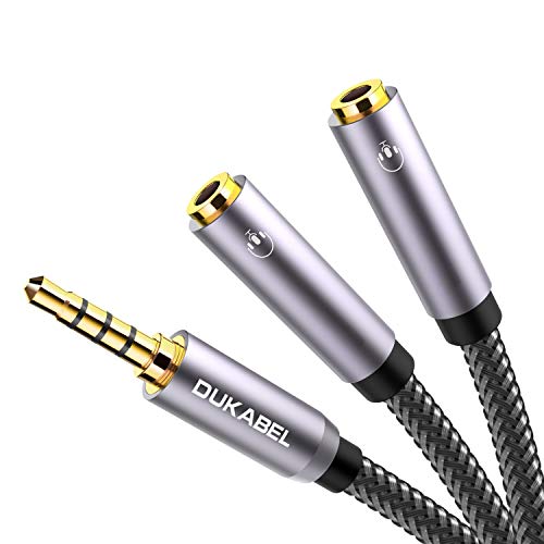 Product Cover Headphone Splitter, Strong Braided & Gold-Plated 3.5mm Stereo Audio Y Splitter Cable 4-Pole Male to 2-Female Port Audio Stereo Cable Dual Headphone Jack Adapter -DuKabel Top Series