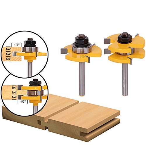 Product Cover 2Pcs Tongue and Groove Router Bit Set, YWKOW Wood Door Flooring 3 Teeth Adjustable,1/4