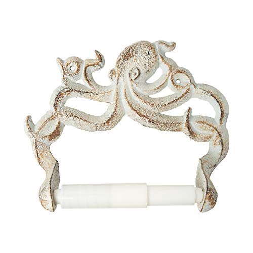 Product Cover Decorative Cast Iron Octopus Toilet Paper Roll Holder - Wall Mounted Octopus Décor for Bathroom - Kraken, Nautical Bathroom Accessories - Easy to Install with included Screws and Anchors - Rust White