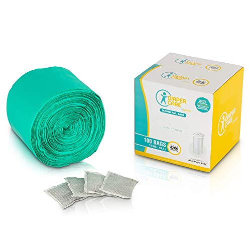 Product Cover Diaper Pail Bags Compatible with Ubbi Baby Diaper Pails - (100 Count) - Plastic Garbage Refill Liners for Use with Most Home Garbage Trash Disposal Bins - Bonus 4 Bamboo Odor Eliminator Bags