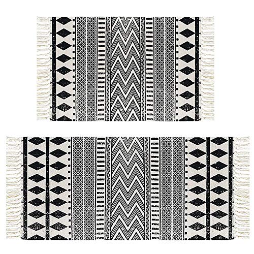 Product Cover HEBE Cotton Area Rug Set 2 Piece 2'x3'+2'x4.2' Machine Washable Black and Cream White Hand Woven Cotton Rug with Tassels Cotton Area Rug Runner for Living Room, Kitchen Floor, Laundry Room