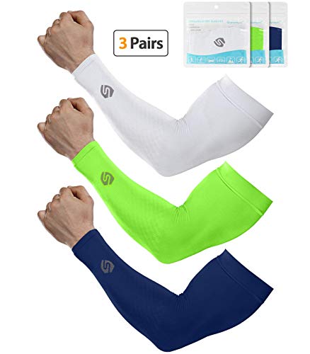 Product Cover SHINYMOD UV Protection Arm Sleeves Sunblock Tattoo Cover Men Women Cycling Driving Golfing Running Basketball Football Compression Sleeves-(3 Pair Navy+White+Neon green)