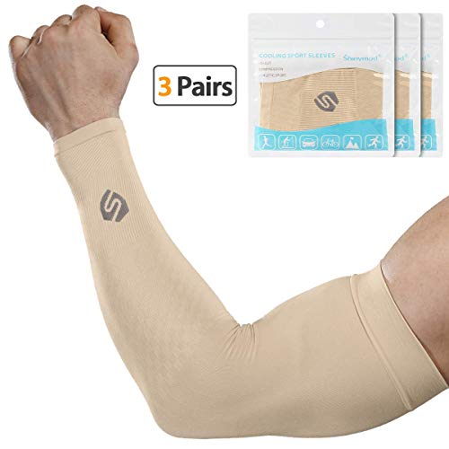 Product Cover SHINYMOD Cooling Sun Sleeves 2019 Newest Upgraded Version 1 Pair/ 3 Pairs UV Protection Sunblock Arm Tattoo Cover Sleeves Men Women Cycling Driving Golf Running-(3 Pair Beige)