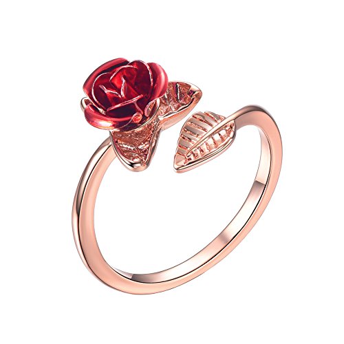 Product Cover U7 Red Rose Flower Ring for Women Girls Rose Gold Plated Adjustable Wrap Open Ring