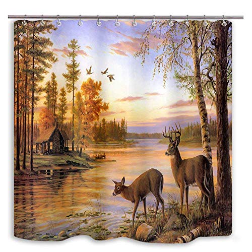 Product Cover DYNH Elk Shower Curtain Animals Theme, Deer Safair in Stream River at Forest Sunset Shower Curtain, Fabric Bathroom Decor Accessories, Bath Curtains 12 PCS Hooks, 69X70IN