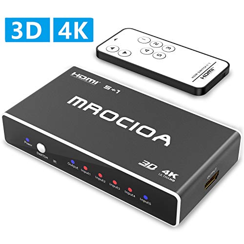 Product Cover Hdmi Switch 4k, mrocioa 5 in 1 Out 4K and 3D Hdmi Switcher Box with Remote, The 5 Port Hdmi Splitter for Ps4 / Xbox One/Fire TV/Apple TV/Sky Box/Stb/DVD/Laptop/Blue ray.