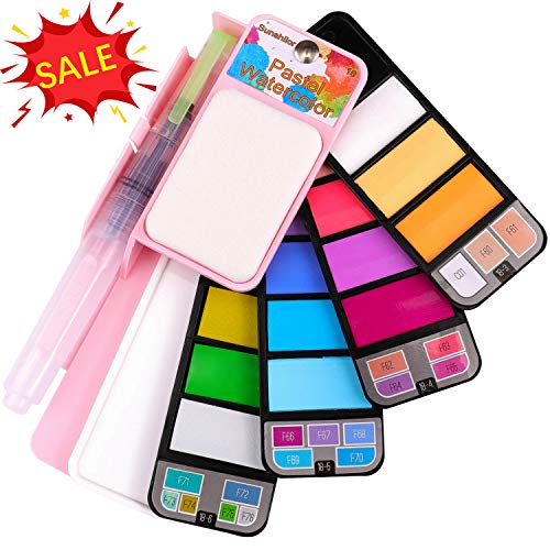 Product Cover Sunshilor Pastel Watercolor Paint Set - 18 Assorted Colors with Brush, Foldable Portable Water Color Field Sketch Set for Outdoor Painting - Travel Pocket Watercolor Kit Christmas Gifts