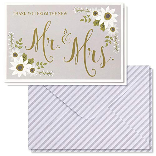 Product Cover Wedding Thank You Cards - 48-Pack Gold Foil Thank You from the New Mr. and Mrs. Greeting Card, Bulk Thank You Note Cards and Envelopes Stationery Set, Floral Design, 4 x 6 Inches