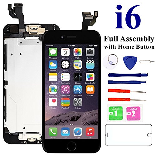 Product Cover Nroech LCD Screen Replacement for iPhone 6 (Black) with Home Button, Full Assembly with Front Camera, Ear Speaker and Light/Proximity Sensor, Repair Tools and Free Screen Protector Included.