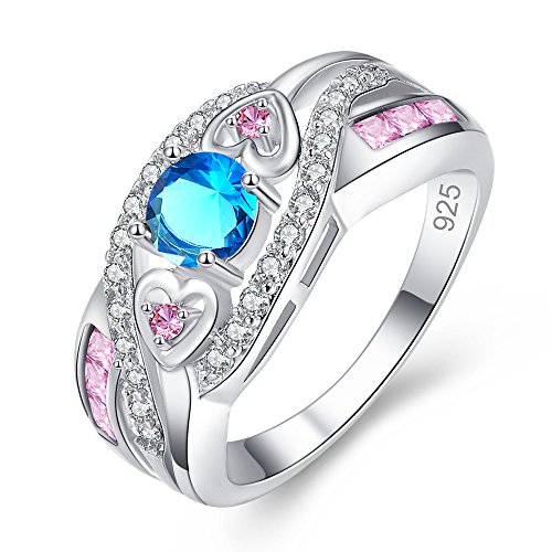 Product Cover Veunora 925 Sterling Silver Created 5x5mm Blue and Pink Topaz Filled Twisted Ring Band for Women Size 6