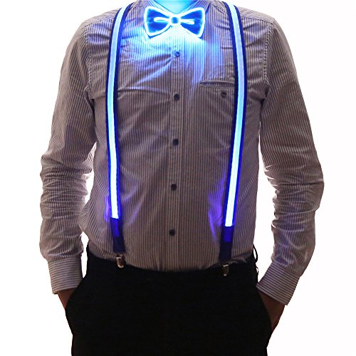 Product Cover 2 Pcs/Set, Good Quality Light Up LED Suspenders And Bow Tie, Perfect For Music Festival Halloween Costume Party (Blue)