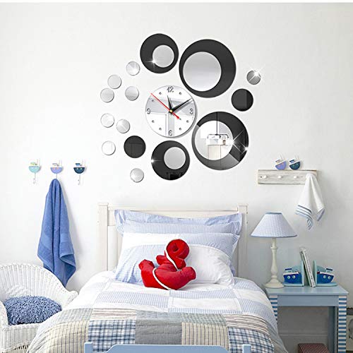 Product Cover HOODDEAL Acrylic Clock and Mirror Style Removable Decal Vinyl Art Wall Sticker Home Decor (Silver Black)