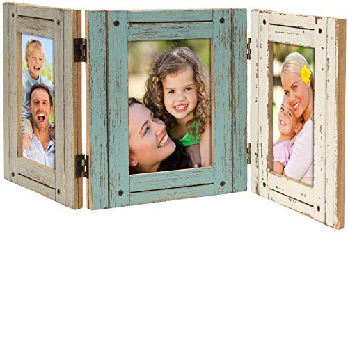 Product Cover Hand Painted Rustic Three Picture Frame made from Distressed Wood: Holds three 4x6 Photos: Shabby Chic, Driftwood, Barnwood, Farmhouse, Reclaimed Wood Picture Frame. Displays on tabletop or shelf.