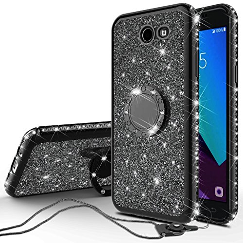Product Cover SOGA Cover Compatible for Samsung Galaxy J7v/Galaxy J7 Prime 2017/Galaxy J7 Perx/Galaxy J7 Sky Pro Case Cute Girl/Women Rhinestone Bumper Sparkling Glitter Bling Diamond Cover with Ring Stand - Black