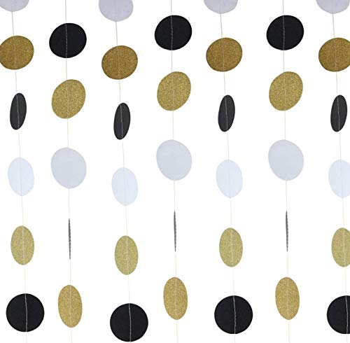 Product Cover Circle Dots Paper Garland. 3 Pack of 10-Foot Garlands (30 Feet Total) as Black and Gold Party Decorations for a Wedding, Birthday Party, or Any Event (Polka Dots - White, Gold, Black)