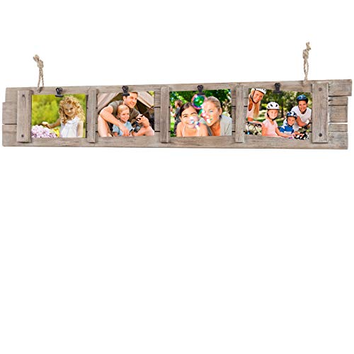 Product Cover Collage Picture Frame Board from Rustic Distressed Wood: Holds Four 4x6 Photos: Ready to Hang with Rope Hooks. Shabby Chic, Driftwood, Barn Wood, Farmhouse, Reclaimed Wood Picture Frame Collage