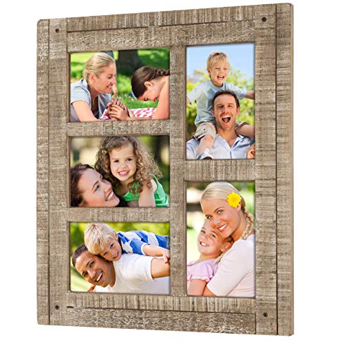 Product Cover Collage Picture Frames from Rustic Distressed Wood: Holds Five 4x6 Photos: Ready to Hang or use Tabletop. Shabby Chic, Driftwood, Barnwood, Farmhouse, Reclaimed Wood Picture Frame Collage (Brown)