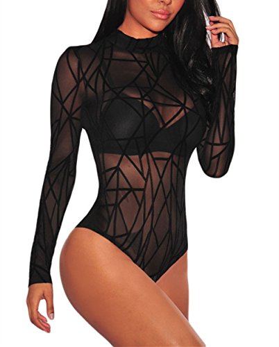 Product Cover JomeDesign Bodysuit for Women Long Sleeve Black Sheer Mesh Sleeveless Sexy Lingerie Clubwear