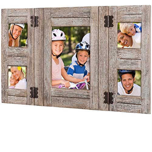 Product Cover Rustic Distressed Wood Collage Picture Frames: Holds 5 Photos: Collage Frame is Ready to Hang or Stand on Shelf. Shabby Chic, Driftwood, Barnwood, Farmhouse, Reclaimed Wood Picture Frame Collage