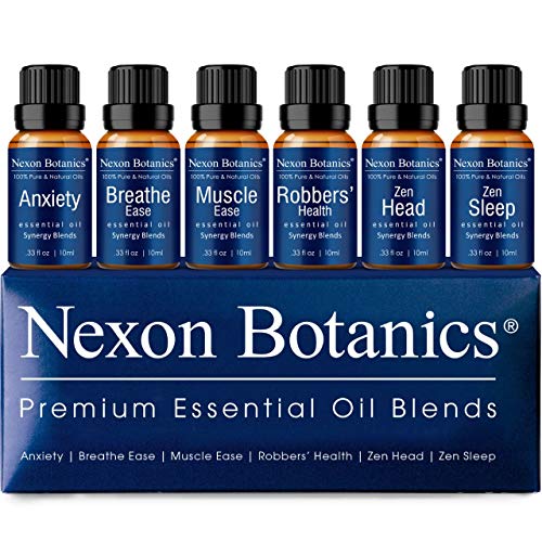 Product Cover Nexon Botanics Essential Oil Blends Set - Best Essential Oils Blends for Diffuser and Aromatherapy - Anxiety, Breathe Ease, Muscle Ease, Robber's Health, Zen Head, Sleep -Essential Oil Kit 6 x 10 ml