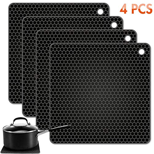Product Cover Tonmidej Silicone Pot Holder Square Honeycomb Pattern 7.2 x 7.2 x 0.2 inch/Black - Set of 4