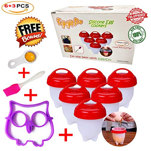 Product Cover EggyDo Silicone Egg Cooker Set - Hard and Soft Boiler Without Shell for Easier Breakfast Enriched with Brush, Yolk Separator and Owl Shaped Mold Gifts - BPA Free, Non-Stick (Pack of 9)