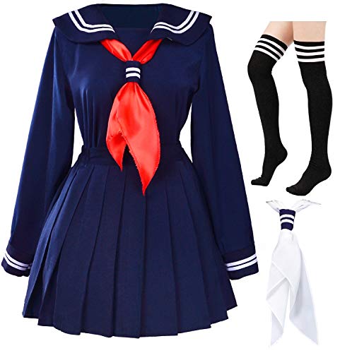 Product Cover Classic Japanese School Girls Sailor Dress Shirts Uniform Anime Cosplay Costumes with Socks Set(Navy)(L = Asia XL)(SSF07NV)