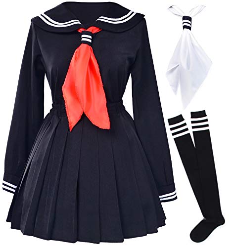 Product Cover Classic Japanese School Girls Sailor Dress Shirts Uniform Anime Cosplay Costumes with Socks Set(Black)(S = Asia M)(SSF08BK)