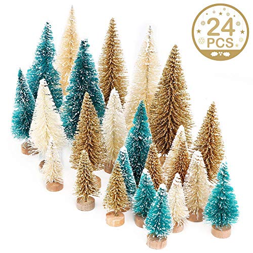 Product Cover AerWo 24PCS Artificial Mini Christmas Trees, Sisal Trees with Wood Base Bottle Brush Trees for Christmas Table Top Decor Winter Crafts Ornaments Green, Gold and Ivory
