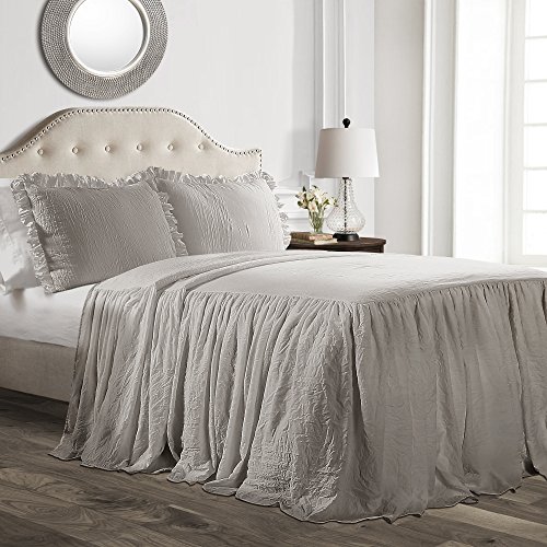Product Cover Lush Decor Gray Ruffle Skirt Bedspread Shabby Chic Farmhouse Style Lightweight 3 Piece Set-King