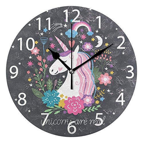 Product Cover ALAZA Cute Unicorn with Rainbow Stars Round Acrylic Wall Clock, Silent Non Ticking Oil Painting Home Office School Decorative Clock Art