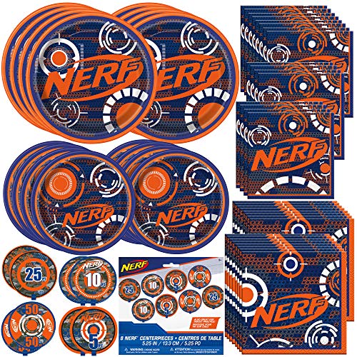 Product Cover Unique Nerf Party Bundle | Beverage & Luncheon Napkins, Dinner & Dessert Plates, Bull's Eye Decoration | Great for Interactive Sports Birthday Themed Parties