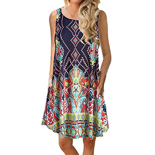 Product Cover Women Dress-Han Shi Summer Casual Floral Printed Swing Sundress with Pocket (Multicolor, XXL)