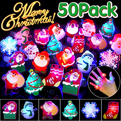 Product Cover BUDI 50Pcs Christmas Party Favors LED Finger Lights for Kid & Adults Light Up Rings Stocking Stuffers Light Up Toys Rings Party Decorations Assorted Styles with Gift Package