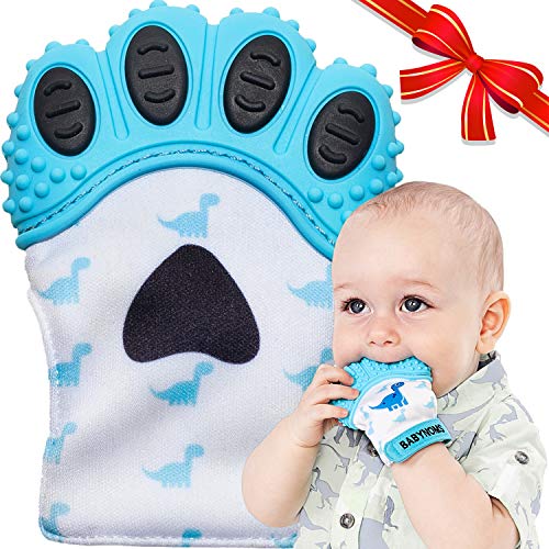 Product Cover BabyNoms Teething Mitten | The Original Teething Paw | Best Silicone Teething Toys or Teething Ring Provides Self-Soothing Teething Relief | Dino Blue Teether