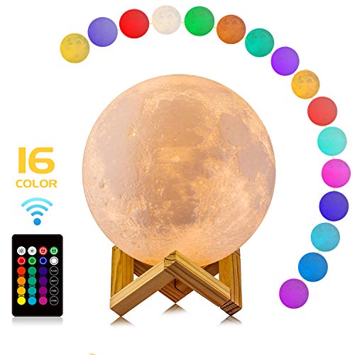 Product Cover Moon Lamp, LOGROTATE 16 Colors LED 3D Print Moon Light with Stand & Remote&Touch Control and USB Rechargeable, Moon Light Lamps for Kids Lover Birthday Gifts(Diameter 4.8 INCH)