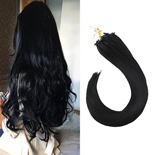 Product Cover VeSunny Micro Loop Ring Hair Extensions Human Hair,#1 Jet Black Microlink Hair Extensions for Women with Beads,14inch 50g/pack Straight