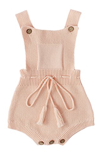 Product Cover Pinleck Newborn Baby Girls Knit Stripe Strap Romper Tie Waist Cute Jumpsuit Bodysuit
