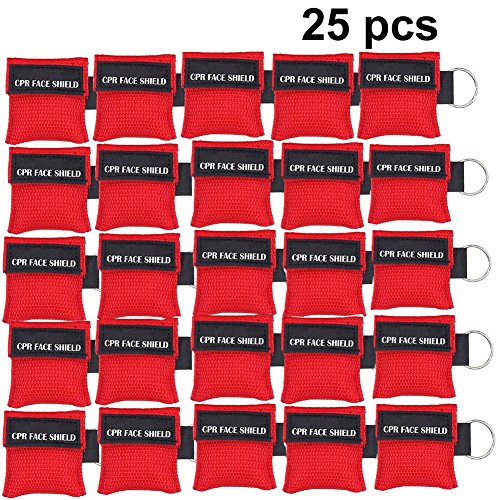 Product Cover 25pcs CPR Face Shield Mask Keychain Keying CPR Face Shields Pocket Mask for First Aid or CPR Training (Red-25)